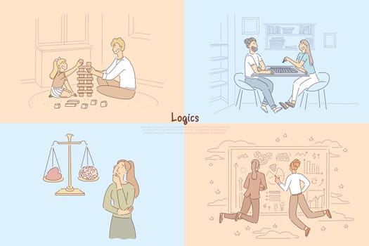 Building a brick tower with child, couple playing tabletop game of chess, logical thinking vs emotions, analyzing chart banner. Logics cartoon concept sketch. Flat vector illustration