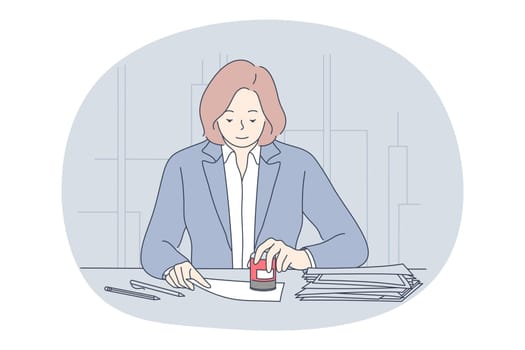 Finance, accounting, office worker concept. Young woman cartoon character sitting and stamping official documents in office vector illustration