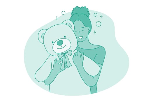 Present, birthday, happiness concept. Small smiling girl cartoon character hugging big toy teddy bear with hands and feeling happy with gift for holiday vector illustration