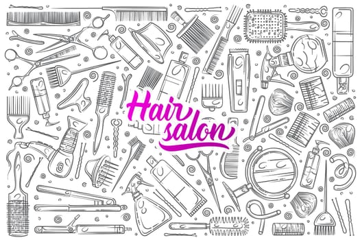 Hand drawn hair salon tools. Equipment for professional hairdresser doodle set background
