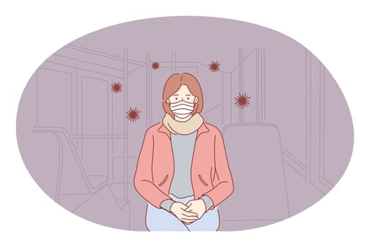 Danger or coronavirus infection epidemic, protective facial mask, pandemic concept. Young woman in medical protective mask sitting in public transport in corona bacteria flowing around illustration