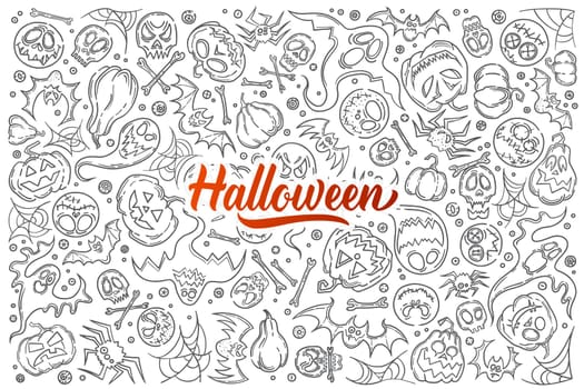Hand drawn Halloween symbols. Pumpkin, skull, ghost, web, bone and spider doodle set background