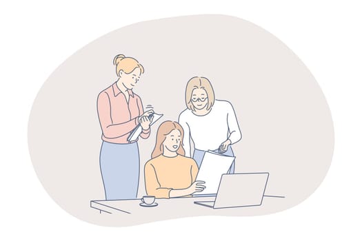 Teamwork, brainstorming, business communication about startup concept. Group of women business people coworkers or partners cartoon characters discussing corporate projects and reading documents