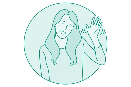 Woman expressing emotions concept. Young woman cartoon character waving and greeting with hands, showing positive attitude and smiling. Facial expression, positive emotions vector illustration