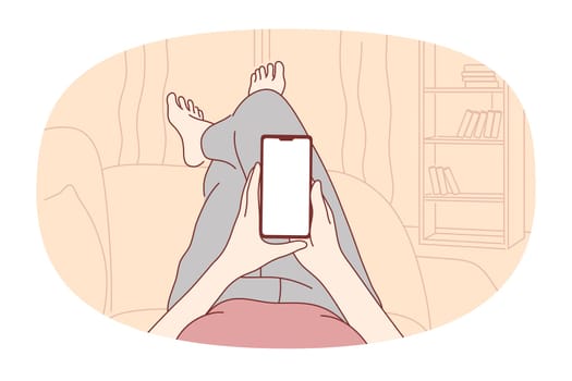 Smartphone, online communication, chatting concept. Hands of person with smartphone chatting, searching information in internet, calling, dating or communicating online at home