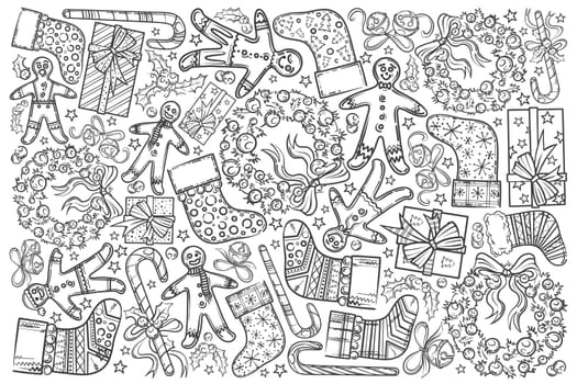 Hand drawn gingerbread, wreath, gift. Bells, socks and other symbols of Christmas doodle set background