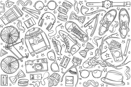 Hand drawn hipster elements and clothes. Pullover, spectacles, hat, camera, bike etc doodle set background
