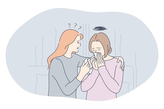 Sadness, mental depression, bad news concept. Young unhappy crying woman getting support from friend, feeling depressed with thoughts after negative events, suffering from loneliness