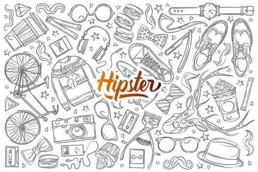Hand drawn hipster elements and clothes. Pullover, spectacles, hat, camera, bike etc doodle set background
