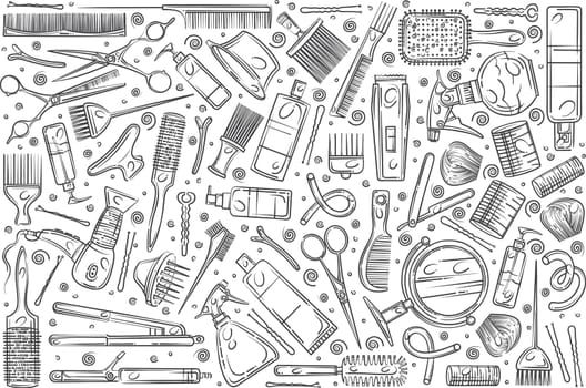 Hand drawn hair salon tools. Equipment for professional hairdresser doodle set background