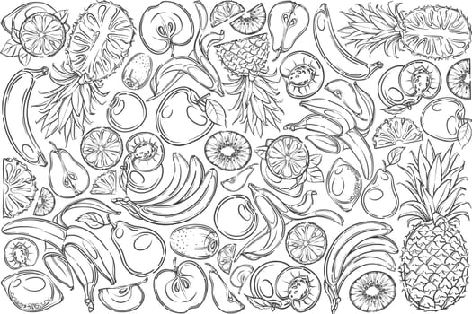 Hand drawn different fruits banana, pineapple, apple, pear etc. Kiwi, peach and apricot doodle set background