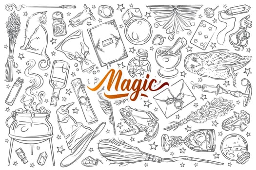 Hand drawn magic tools, concept of witchcraft. Broom and playing cards, hat and needle equipment doodle set background