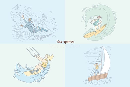 Diver underwater, surfer riding wave, kitesurfing and windsurfing, sailing at sea banner. Sea sports, water extreme activities, summertime leisure cartoon concept sketch. Flat vector illustration