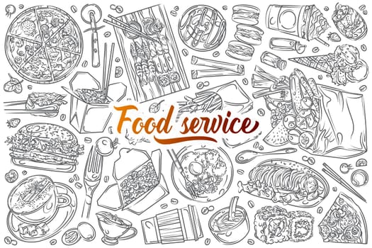Hand drawn restaurant food, or cafe menu. Pizza, sushi, cup of coffee, fries, burger etc doodle set background