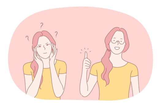 Sign language, gestures, hands communication concept. Young smiling girl cartoon character standing and expressing doubt or headache and confidence and having great decision with fingers