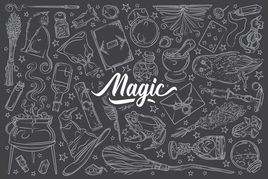Hand drawn magic tools, concept of witchcraft. Broom and playing cards, hat and needle equipment doodle set background
