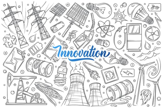 Hand drawn modern technologies and innovations. Concept of renewable energy, electricity, gas station, nuclear power doodle set background