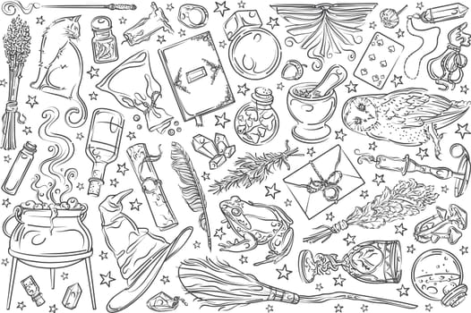 Hand drawn magic tools, concept of witchcraft. Broom and playing cards, hat and needle equipment doodle set background