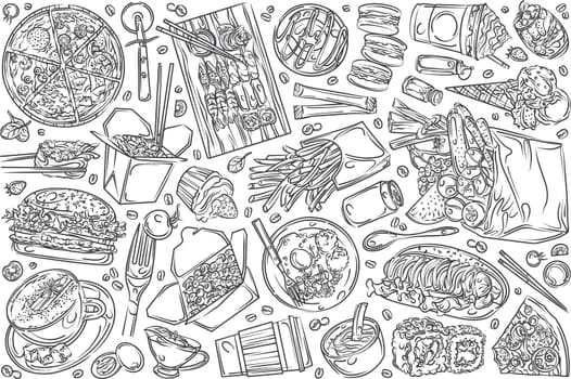 Hand drawn restaurant food, or cafe menu. Pizza, sushi, cup of coffee, fries, burger etc doodle set background