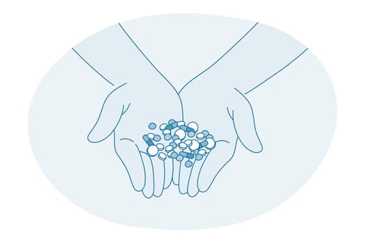 Medical treatment, drugs, pills concept. Human hands holding assortment of medic pharmaceutical capsules pills for curing disease and pain kill vector illustration, top view