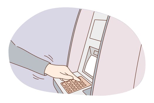 Money savings, withdrawal, credit card concept. Hands of person entering pin-code of band card for money cash withdrawal on atm machine. Finance, payment, credit, investing illustration
