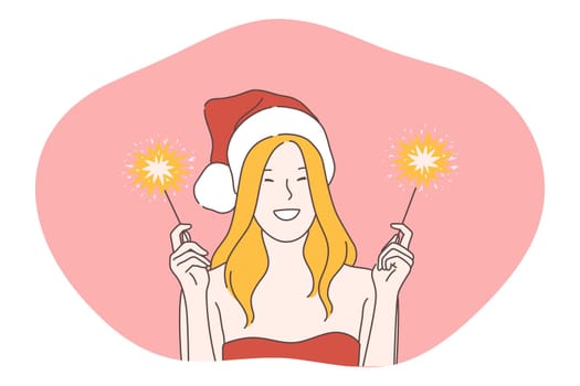 Christmas present, Santa, celebration of New Year and winter holidays concept. Smiling woman cartoon character in Santa festive hat burning sparklers during Christmas celebration party illustration