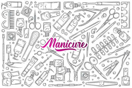 Hand drawn nail salon tools. Concept manicure and pedicure doodle set background