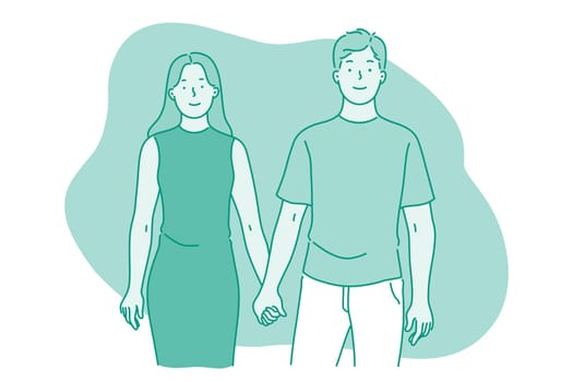 Love, couple in relationship, togetherness concept. Happy young loving boyfriend holding his smiling girlfriends hand during date outdoors. Dating, romance, people in love illustration
