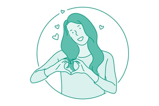 Woman expressing emotions concept. Young woman cartoon character forming heart from fingers as symbol of love and happiness, showing positive attitude and smiling. Facial expression, positive emotions