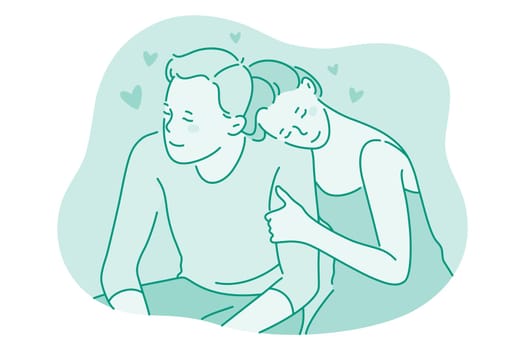 Love, couple in relationship, togetherness concept. Happy young loving girlfriend sitting and hugging her boyfriend during date outdoors. Dating, romance, people in love illustration