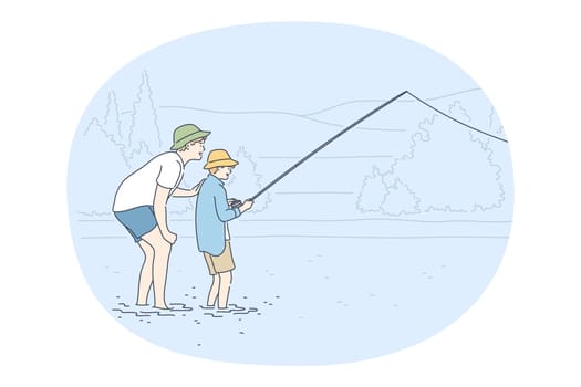 Fishing on lake concept. Two smiling boys brothers or friends standing in lake and fishing with spinning trying to catch fish in summer. Recreation, leisure hobby and summer activity for boys