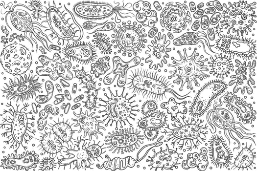 Hand drawn different bacteria and viruses. Concept of microbiology, cell or microbe doodle set background.