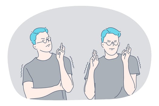 Sign language, gestures, hands communication concept. Young man cartoon character standing, crossing fingers and expressing hope and superstition vector illustration