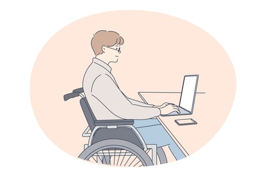 Disabled people on wheelchair living happy active lifestyle concept. Young disabled man on wheelchair sitting and working online on laptop from home. Distant job for people with disabilities