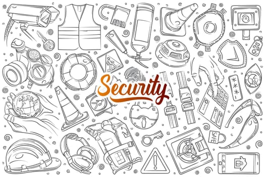 Hand drawn security-related equipment. Protection technologies fingerprint, electronic key, spy, password, alarm and more doodle set background