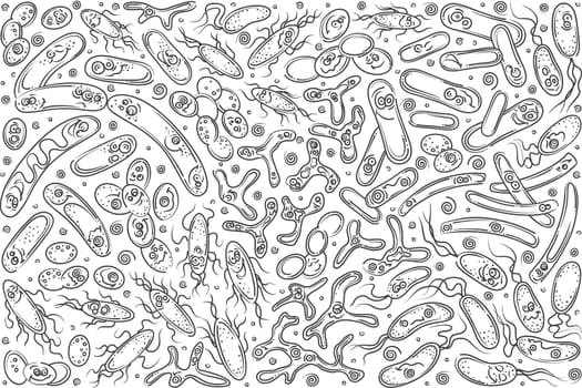 Hand drawn probiotics, useful bacterias. Concept of chemistry, biology and medicine doodle set background