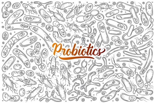 Hand drawn probiotics, useful bacterias. Concept of chemistry, biology and medicine doodle set background