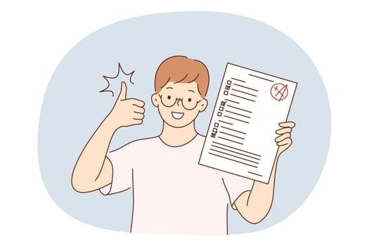Success in studying, excellent school pupils concept. Smiling school boy cartoon characters having excellent marks for educational exams and showing good knowledge in class illustration