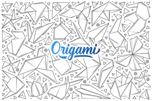Hand drawn paper origami. Origami in shape of birds, animals, star, airplane doodle set background