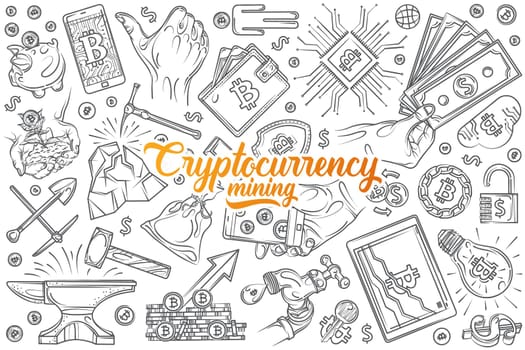 Hand drawn cryptocurrency mining set doodle vector illustration background