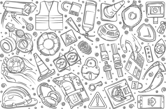 Hand drawn security-related equipment. Protection technologies fingerprint, electronic key, spy, password, alarm and more doodle set background