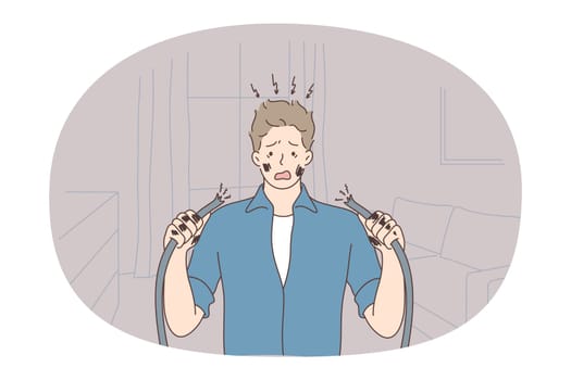 Nerves, bad news, mental Depression concept. Young unhappy man cartoon character standing with broken wires and feeling unhappy, broken frustrated about that at home vector illustration