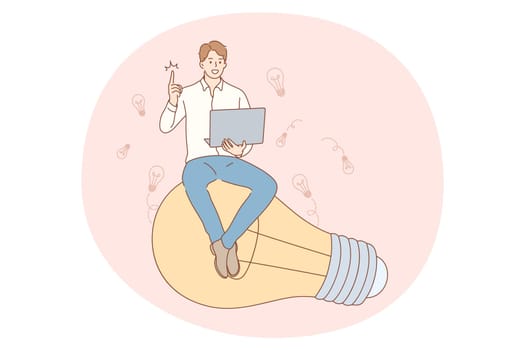Idea, innovation, solution concept. Young businessman with laptop sitting on large light bulb and showing one finger meaning having great idea for business startup vector illustration