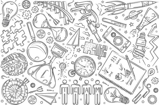 Hand drawn objects, concept of team communications. Rocket, brain, compass, magnifying glass doodle set background