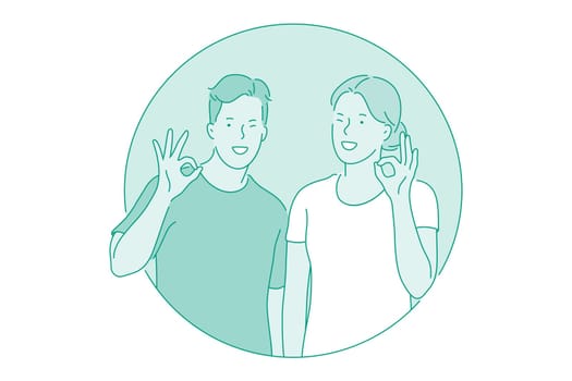 Okay, agreement, approval concept. Smiling couple boy and girl cartoon characters standing and showing ok cool cheerful gesture with fingers vector illustration