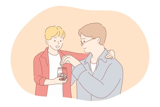 Saving money, piggybank, budget concept. Young positive boys friends cartoon characters putting money into transparent glass jar for saving. Collecting money, business, earnings, income