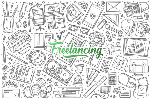 Hand drawn freelancing set doodle vector illustration background