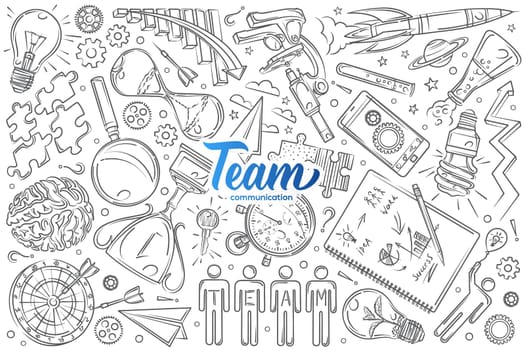 Hand drawn objects, concept of team communications. Rocket, brain, compass, magnifying glass doodle set background