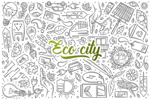 Hand drawn eco city set doodle vector illustration background