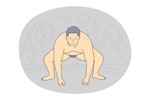 Sumo and Japanese traditional fighting concept. Overweight man sumo fighter standing in position during competition with viewers on background. Strength obesity Japanese culture illustration